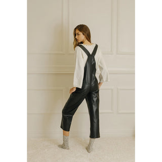 Faux Leather Overalls in Black