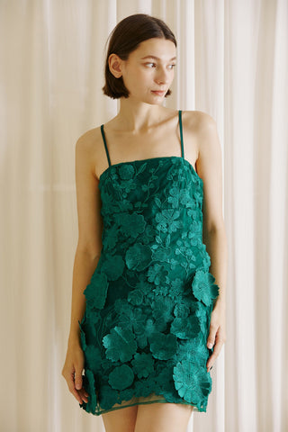 Floral Applique Mini Dress in Forest Green