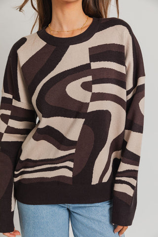 Round Neck Abstract Print Sweater