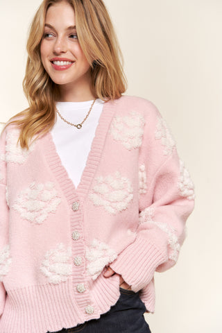 Jewel Button Rose Sweater Cardigan