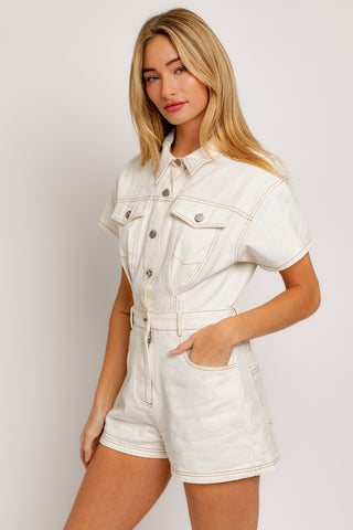 One and Only Denim Romper in White