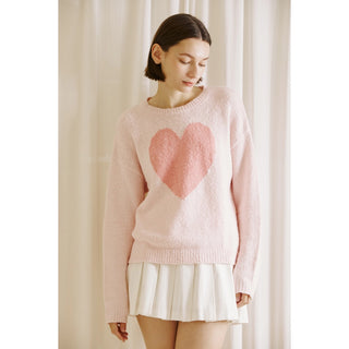 Fuzzy Heart Pullover Sweater in Pink