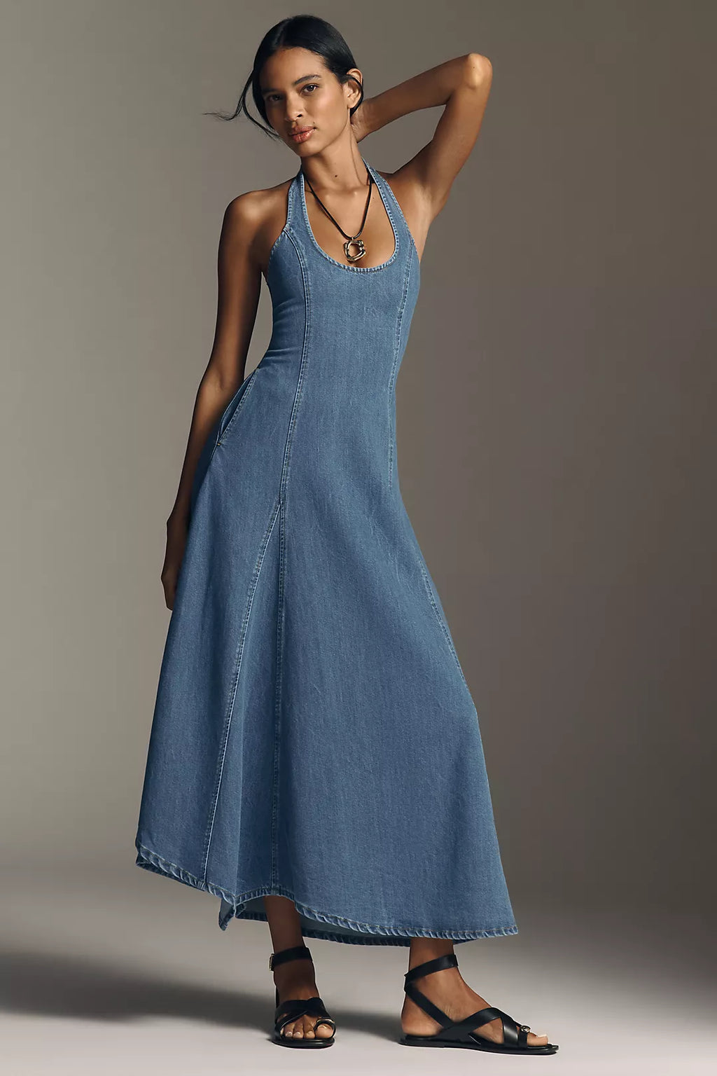 Elodie Denim Halter Maxi Dress XS