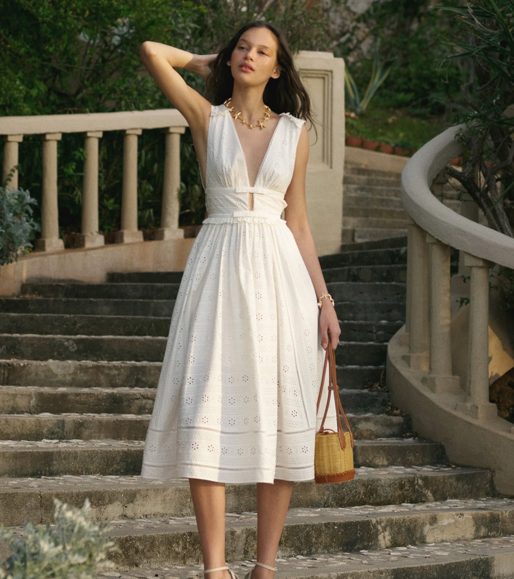 self portrait white daisy embroidered midi dress White And Blue Embroidered Midi Dress  self-portrait-US