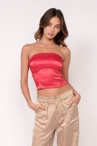 Satin Strapless Top in Red