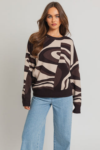 Round Neck Abstract Print Sweater