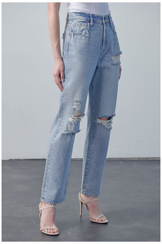 Light Wash Distressed Relaxed Straight Jean