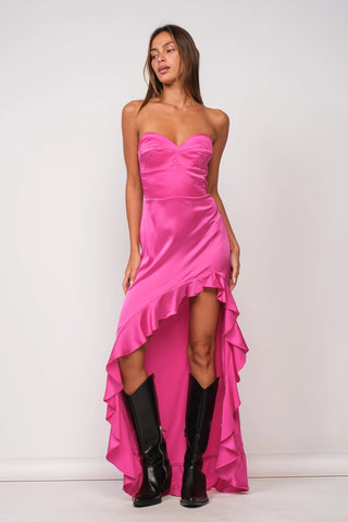 Ruffle Bottom Satin Maxi Dress in Pink