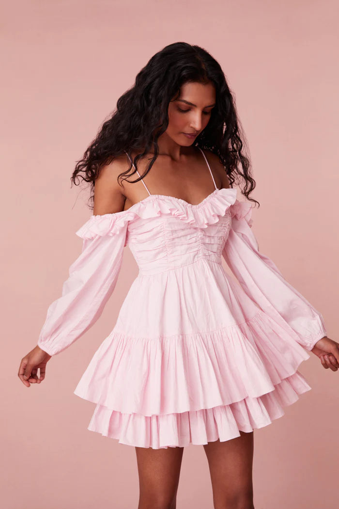Loveshackfancy Zennia Off Shoulder Dress in Pink Lotus Loveshackfancy Zennia Off Shoulder Dress in Pink Lotus