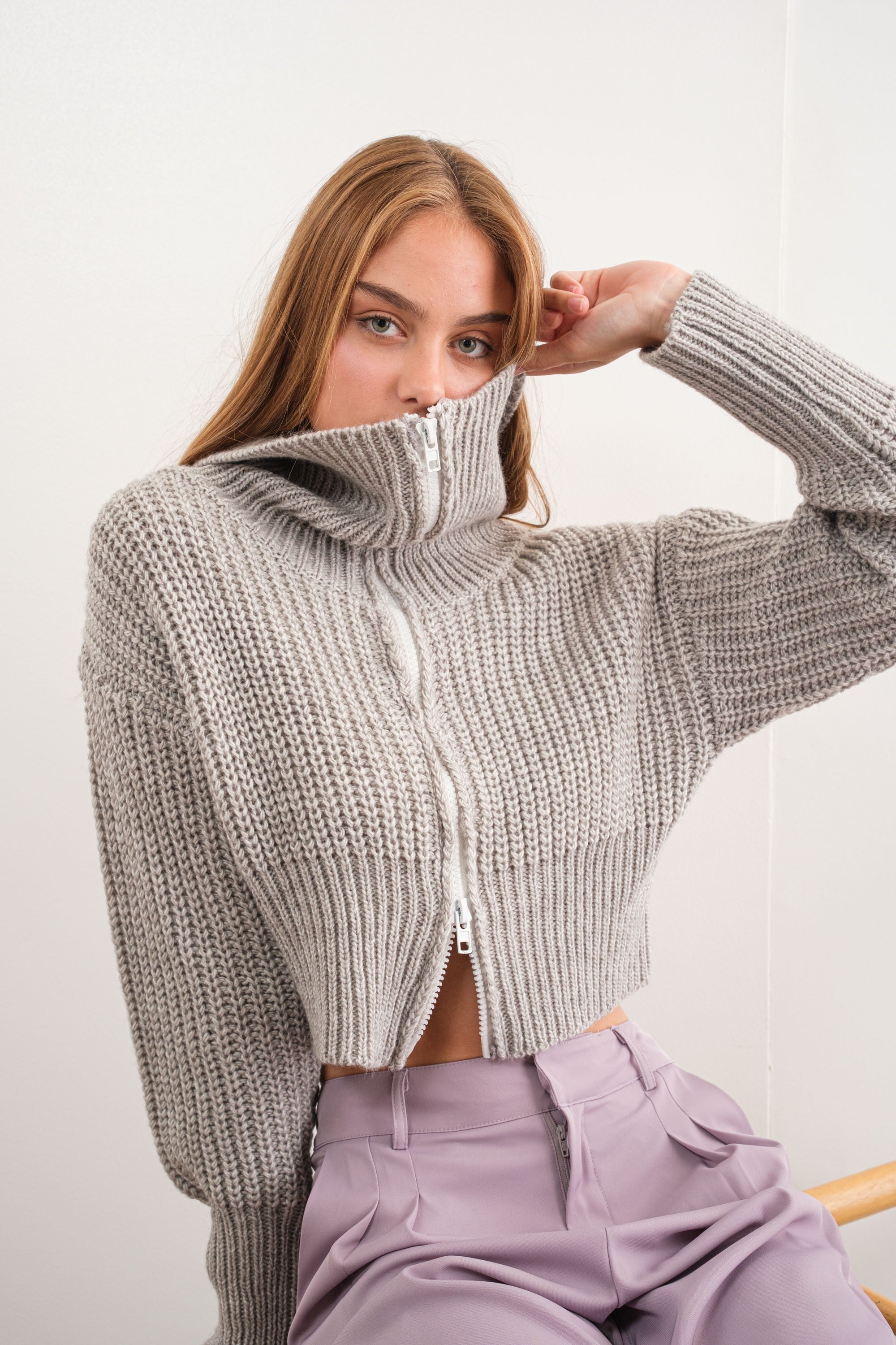 Double zipper best sale cropped sweater