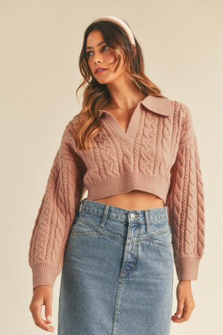 Collared Cable Knit Cropped Sweater in Dusty Rose