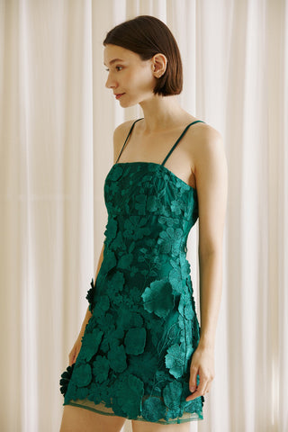 Floral Applique Mini Dress in Forest Green