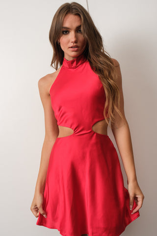Satin Cutout Mini Dress in Red