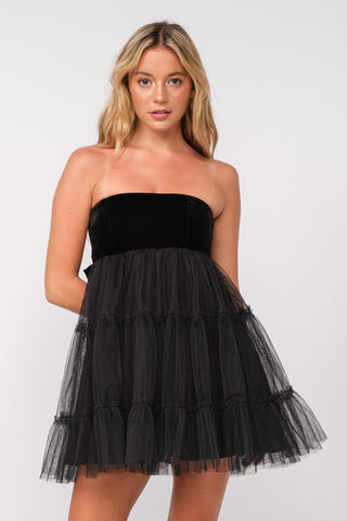 Strapless Velvet and Tulle Dress in Black