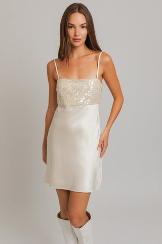 Le Lis Sequin Satin Mini Dress in Cream