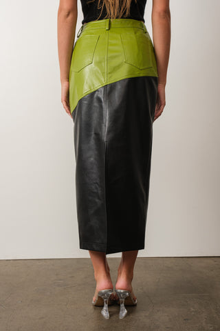 Colorblock Leather Midi Skirt