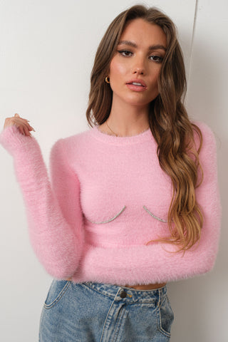 Jewel Trim Fuzzy Knit Top in Pink
