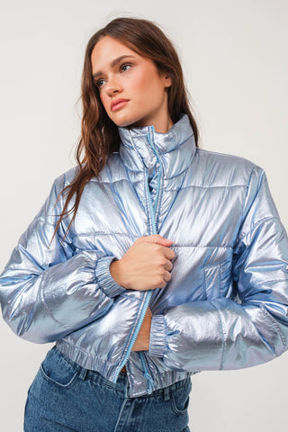 Kaliyah Crop Puffer Jacket in Baby Blue Metallic