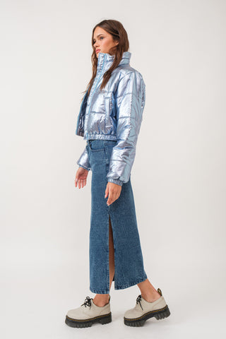 Kaliyah Crop Puffer Jacket in Baby Blue Metallic