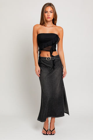 Mid Waist Washed Belted Midi Skirt