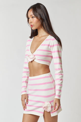 Striped Crop Rosette Sweater Top