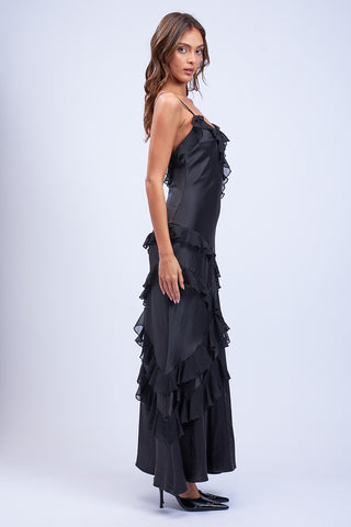 Satin Ruffle Maxi Dress