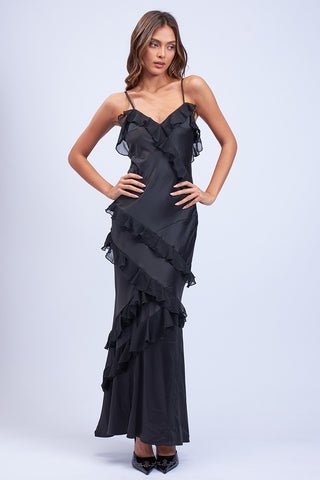 Satin Ruffle Maxi Dress