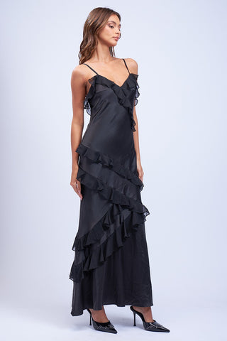 Satin Ruffle Maxi Dress