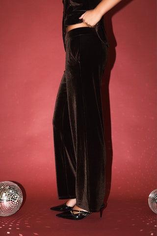 Mid Rise Wide Leg Velvet Pants in Brown