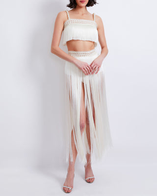 PatBo All-Over Fringe Top with Pearl Beaded Straps