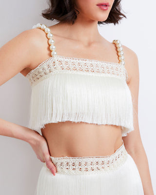 PatBo All-Over Fringe Top with Pearl Beaded Straps