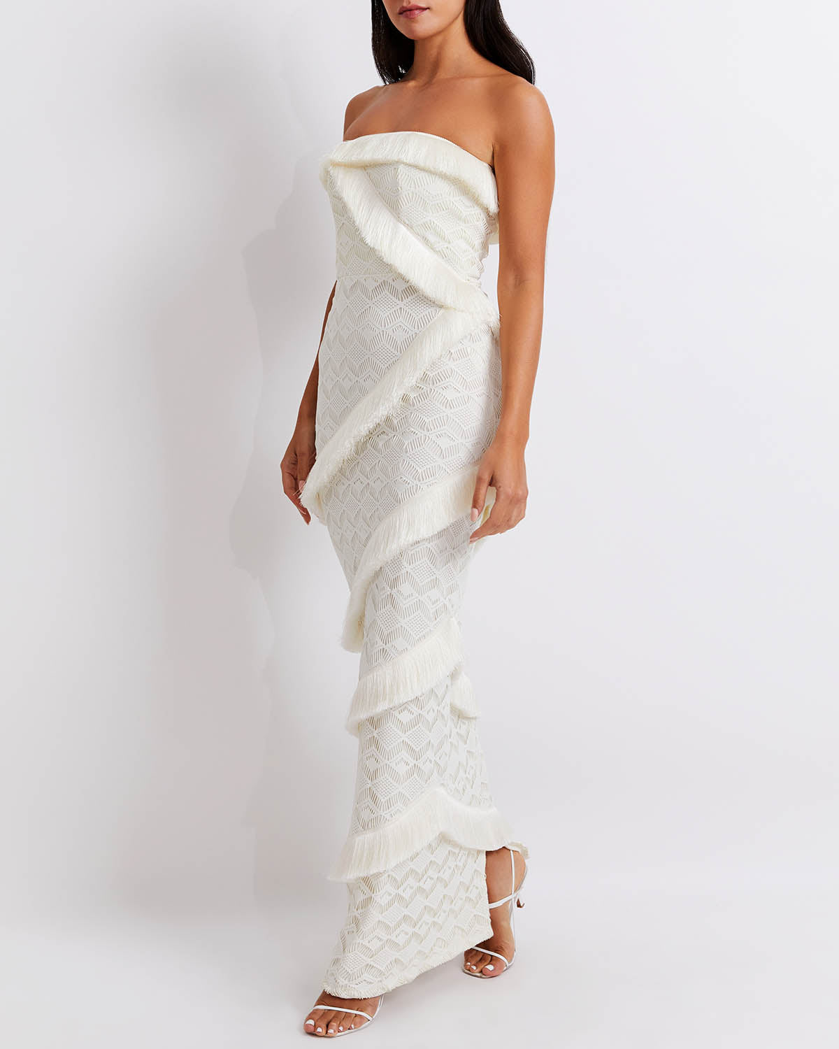 PatBo Crochet Strapless Fringe Trim Maxi Dress