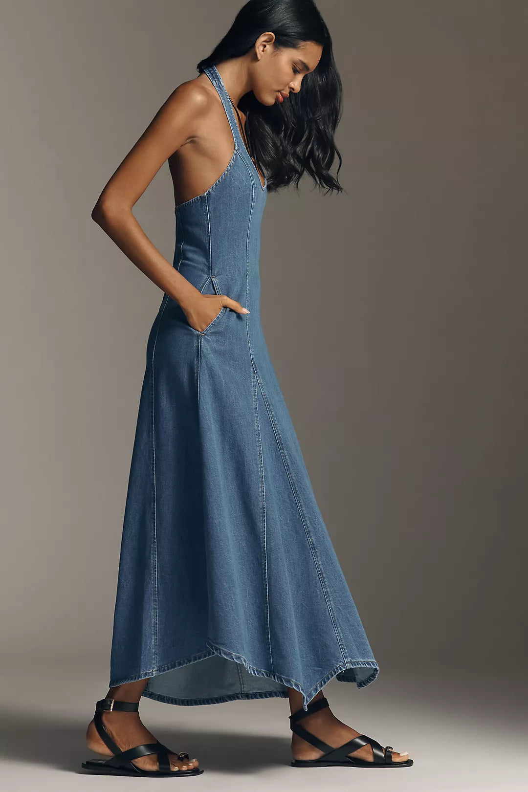 Elodie Denim Halter Maxi Dress XS
