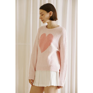 Fuzzy Heart Pullover Sweater in Pink