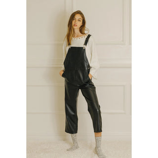 Faux Leather Overalls in Black