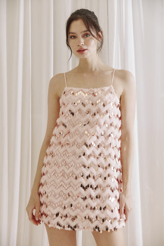 Zig Zag Sequin Fringe Mini Dress in Pink