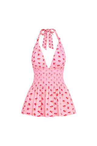 Loveshackfancy Aisling Halter Mini Dress in Cherry Pink