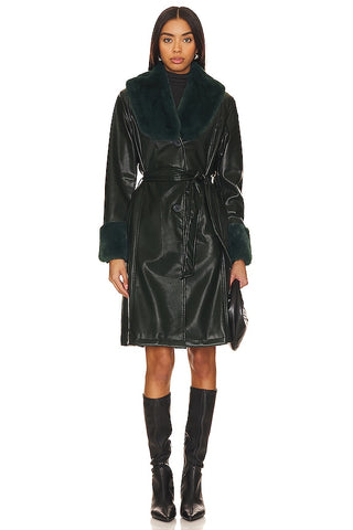 Blank NYC Long Faux Leather Fur Trim Coat in Goodnight Moon