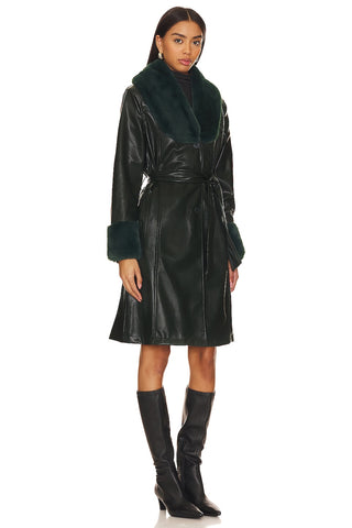 Blank NYC Long Faux Leather Fur Trim Coat in Goodnight Moon