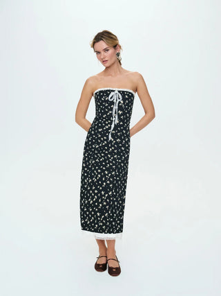 Baby Bows Patchwork Midi Dress in Black