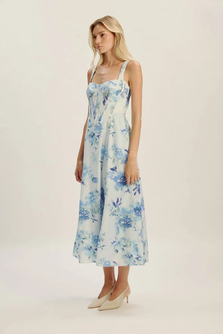 Lilah Corset Midi Dress in Blue Floral