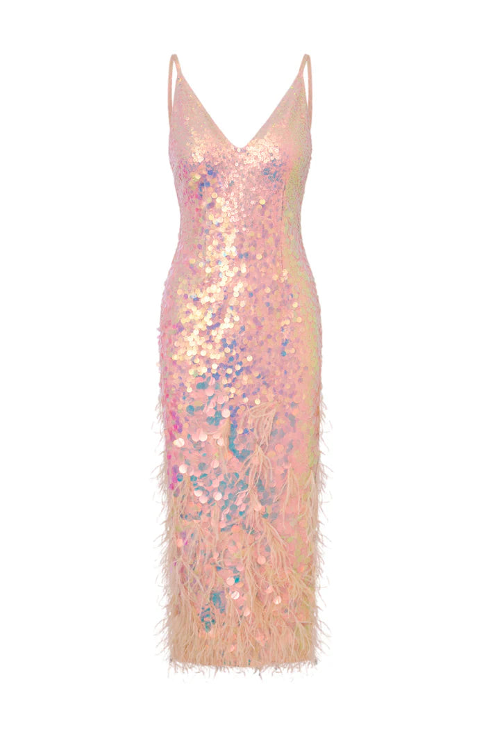 miriana iridescent midi dress with feathers Miriana Iridescent Midi Dress