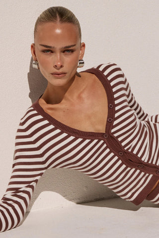 Noemi Long Sleeve Knit Top in Chocolate Stripe