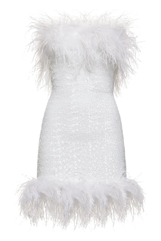 Pailettes Plumage Strapless Mini Dress in White