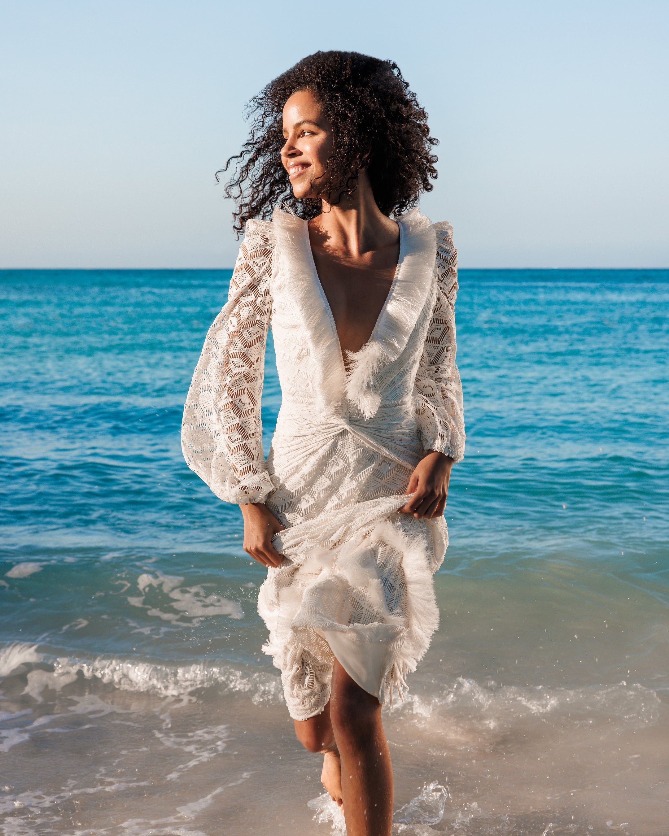 PatBo Crochet Plunge Fringe Trim Maxi Dress PatBo Crochet Plunge Fringe Trim Maxi Dress