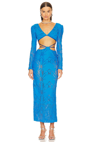 Stretch Lace Maxi Dress in Cobalt Blue