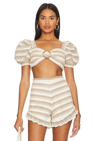 PatBo Striped Crochet Puff Sleeve Cropped Top in Natural