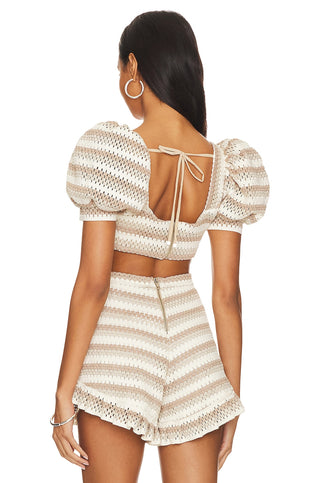 PatBo Striped Crochet Puff Sleeve Cropped Top in Natural