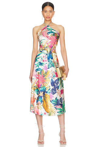 Rococo Sand Zazu Midi Dress in Motley Tropical Charmeuse Silk