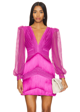 Long Sleeve Fringe Mini Dress in Cerise